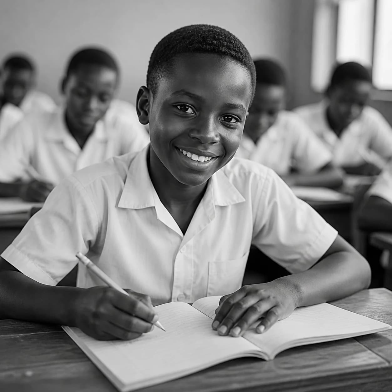 Un élève souriant écrit dans son cahier